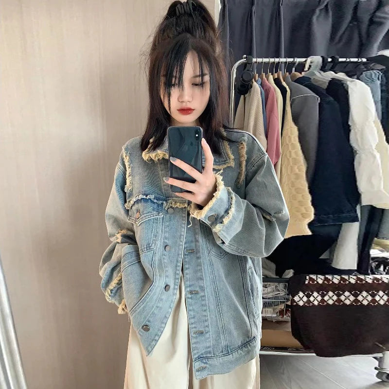 Women's Corduroy Collar Denim Jaet ort Loose Fit Autumn Winter plus Size Versatile Retro Sle Top for Full Figured Ladies