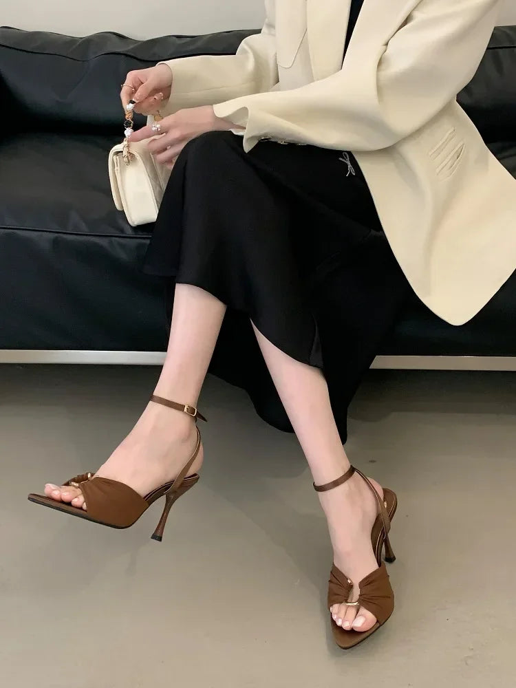 Aneikeh Summer Pointed Toe Thin High Heels Fashion Pleated Metal Buckle Strap Women Sandals Banquet Party Female Mules Shoes
