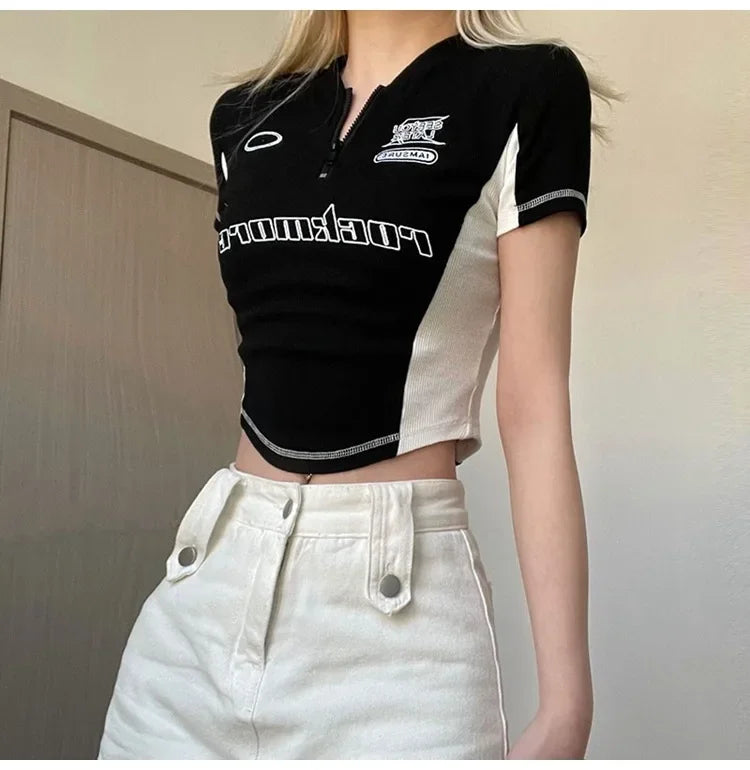 Summer New Pure Desire Spicy Girl Patchwork Contrast Color Embroidery Slimming Zipper Short Sleeve T-Shirt Women's Top