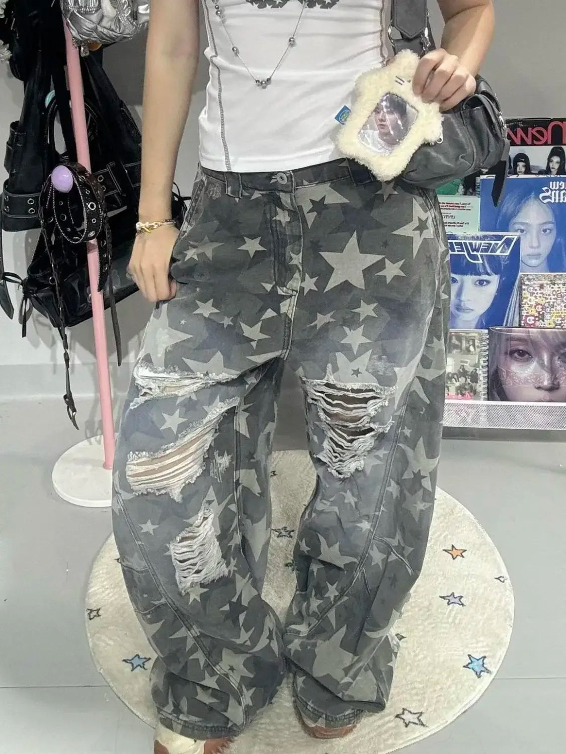 Women's Star Hole American Y2k Washed Distressed Jeans Retro Camouflage Oversized Trend Street Loose Slimming Wide Leg Pants