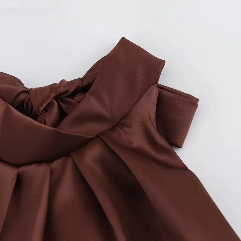 TRAF Halter Satin Long Dress Women Tied Backless Brown Midi Dress Summer Off Shoulder Party Dresses Pleated Evening Dress