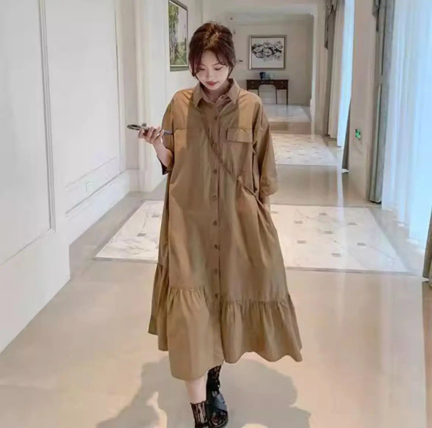 plus Size Khaki Shirt Dress Women Casual Summer Loose Fit High Waist A-Line Skirt Long Sleeve Polo Collar Polyester Fiber