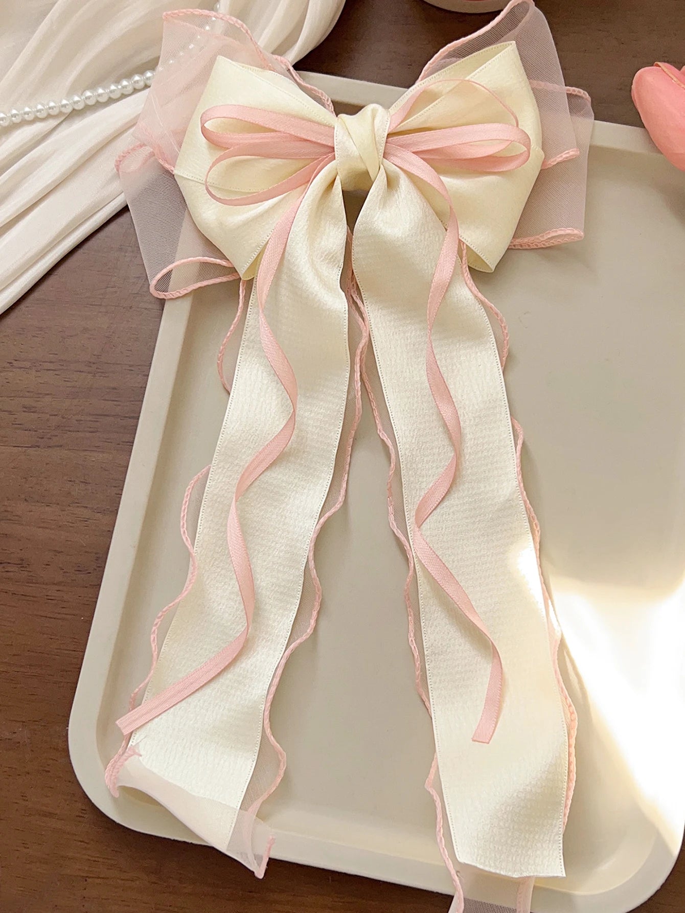 1Pcs Lace Hair Bow Clip Coquette Bow Barrettes with Long Tail Ribbon for Women Christmas Valentines Wedding Prom Accessories