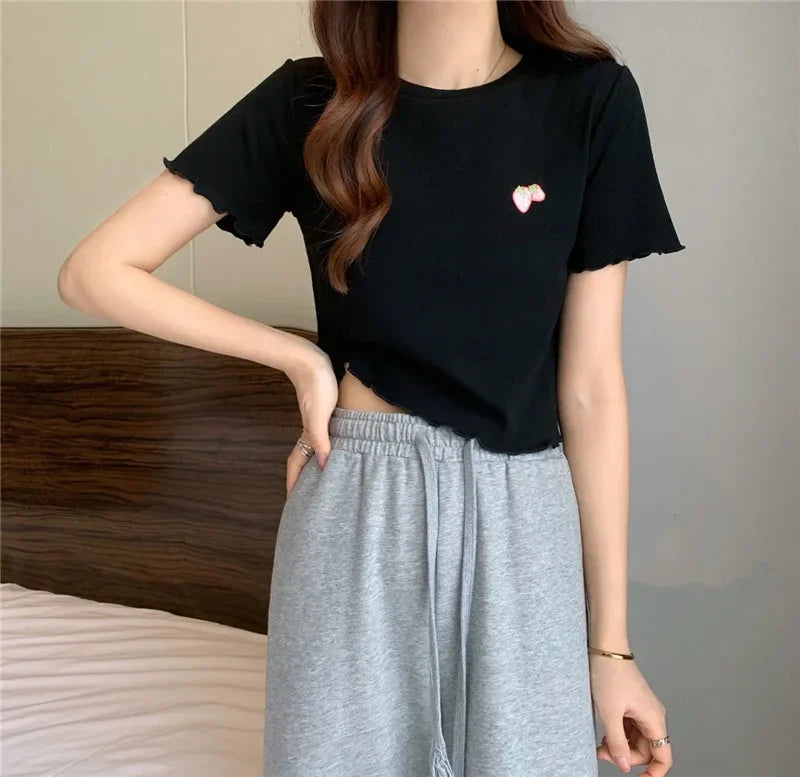 Summer Embroidered Short T-shirt Women Wooden Edge Irregular Slim Short Sleeve Top Plant Pattern Fiber Fabric Elegant Style