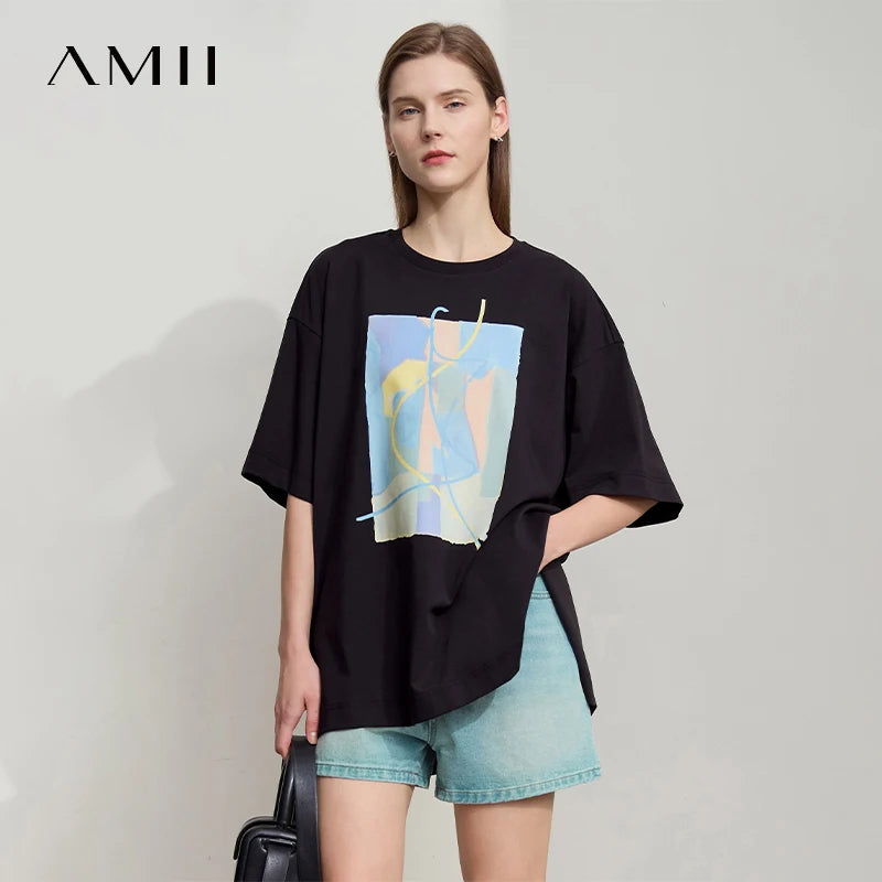 Amii Minimalist Summer T-shirt Women Irregular Design Tops Casual O-neck Abstract Print Loose Dropped Shoulder T-shirt 12522081