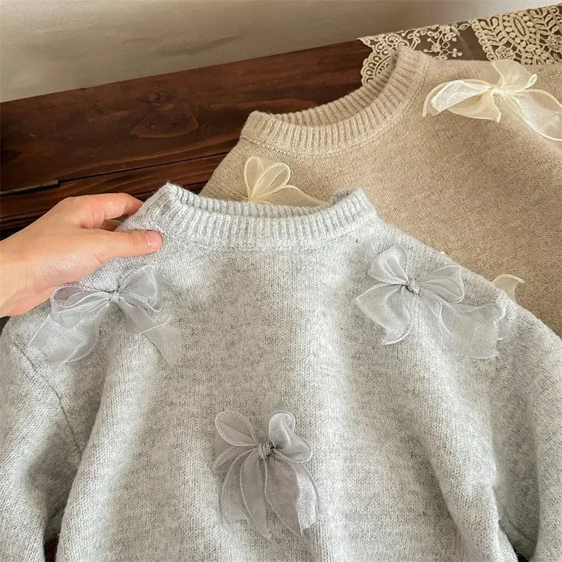 1-10Y Korean Children Clothing Autumn New Girl Baby Toddler Solid Bow Sweaters Winter Fashion Sweet Kid Princess Knitted Sweater