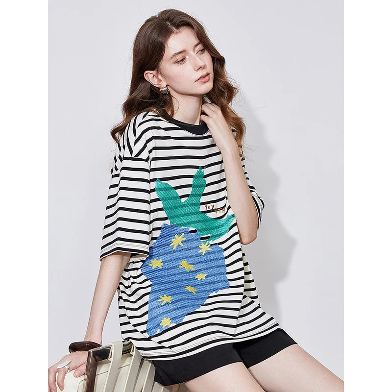 TOYOUTH Women Short Sleeve T-shirt 2025 Spring New Striped Strawberry Embroidered Round Neck Loose Pullover Tops