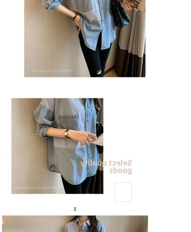 Womens' Splicing Striped Shirt Fashion Spring Autumn Versatile Thin Outerwears Korean Fashion Loose Blue Denim Jackets