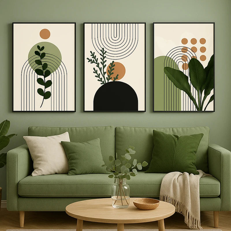 3 Piece Botanical Wall Art Set Modern Green Minimalist  Fresh Plant Canvas Prints for Living Room or Bedroom Home Decor
