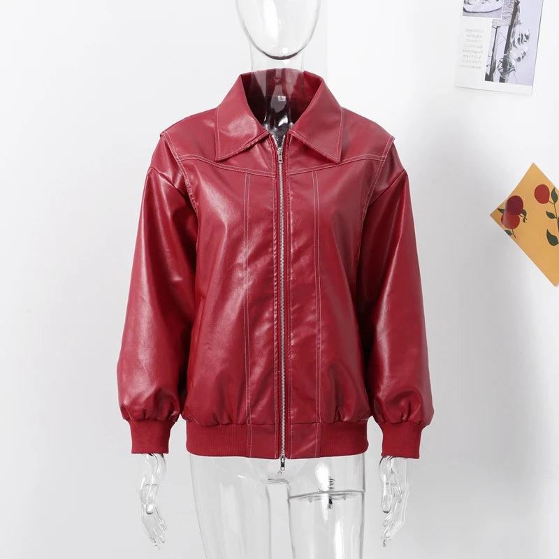 Fashion Green PU Leather Jacket Women Laple Zipper Loose Full Sleeve Single Breasted Cropped Coat 2024 New Lady Solid Streetwear