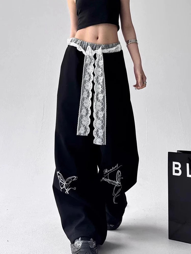Zoki Vintage Bufferfly Y2K Sweatpants Women Loose High Waist Lace Patchwork Pants Streetwear Retro Casual Bf Harajuku Trousers