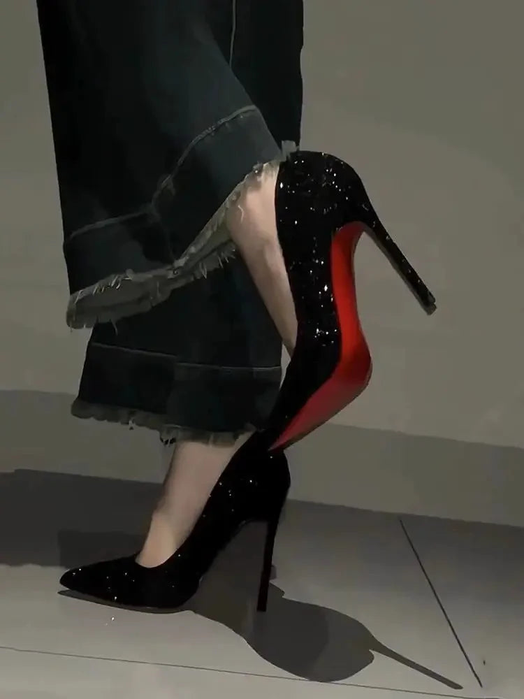 Black Pointed Toe High Heels Full of Diamonds Shiny Sequins Mid Heel Women's Shoes Spring Autumn Season Casual PU Leather
