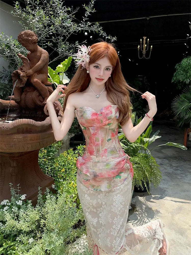 Summer Women Two Piece Set Floral Corset Top and Lace Midi Skirt Elegant Mesh Outfit Slim Fit Vintage French Style Beach Suit