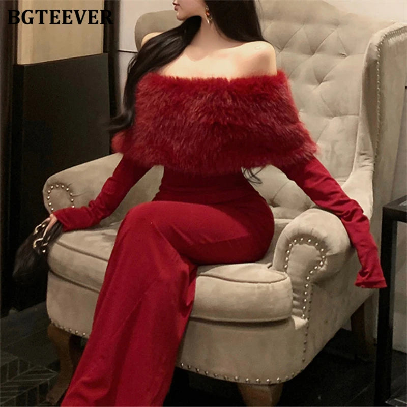 BGTEEVER Autumn Winter Fashion Slash Neck Ladies Skinny Package Hip Sweater Dress Elegant Long Sleeve Female Slim Knitted Dress