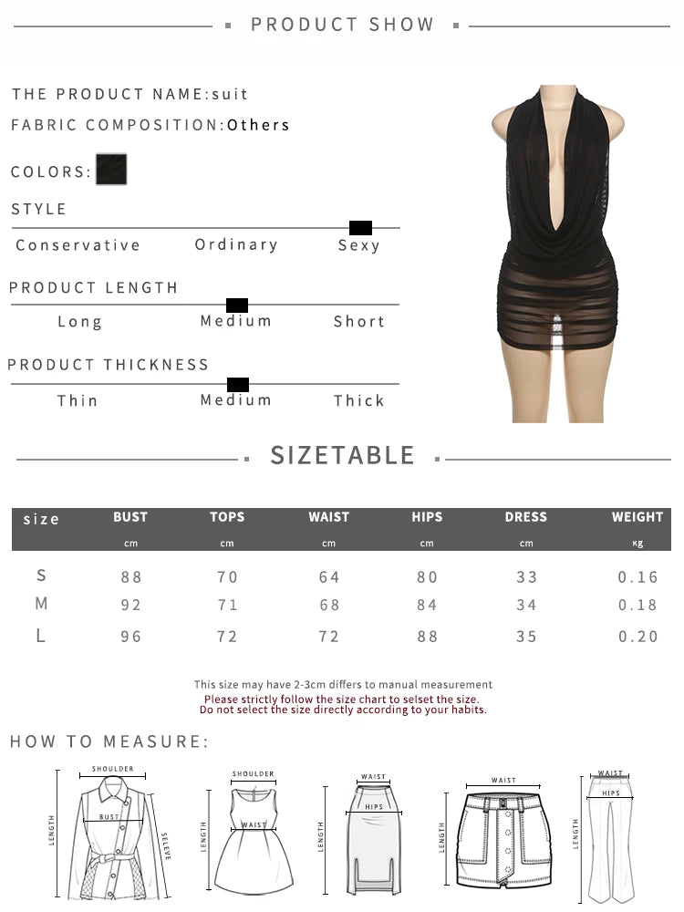 kliou Mesh Swinging Pleated Women 2 Piece Set Summer Solid Simple Halter Backless Chic Tops+Shirring Mini Skirts Coordinate Suit