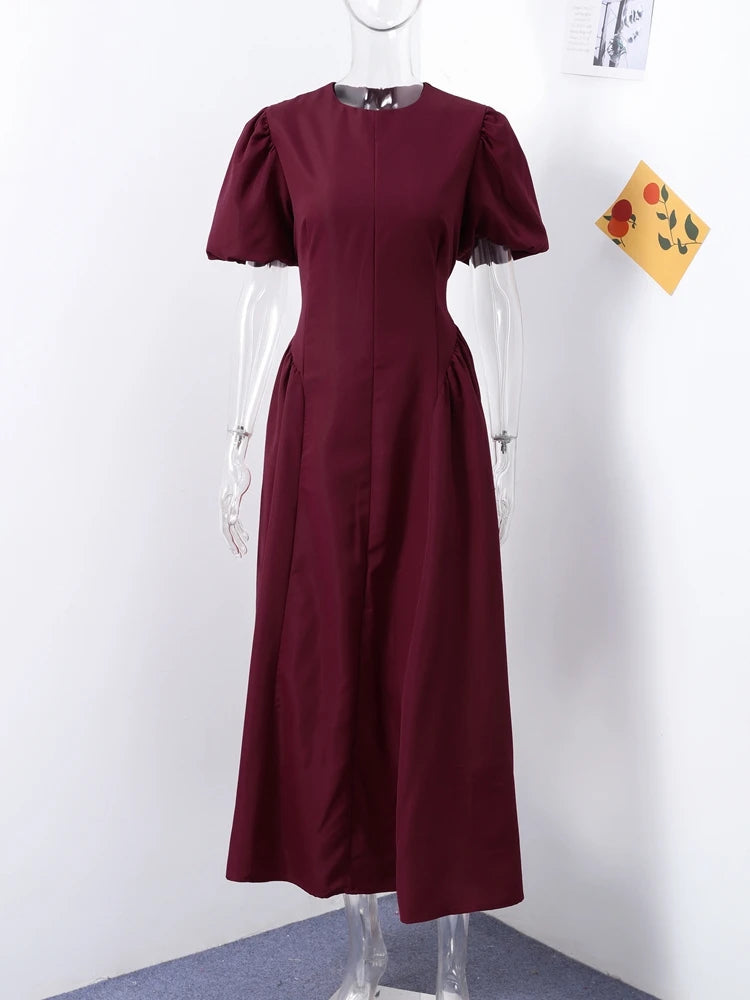 Puff Short Sleeve Solid Women Dresses O Neck A Line Lady Maxi Dress 2024 Fashion Elegant Vintage High Waist Female Vestidos