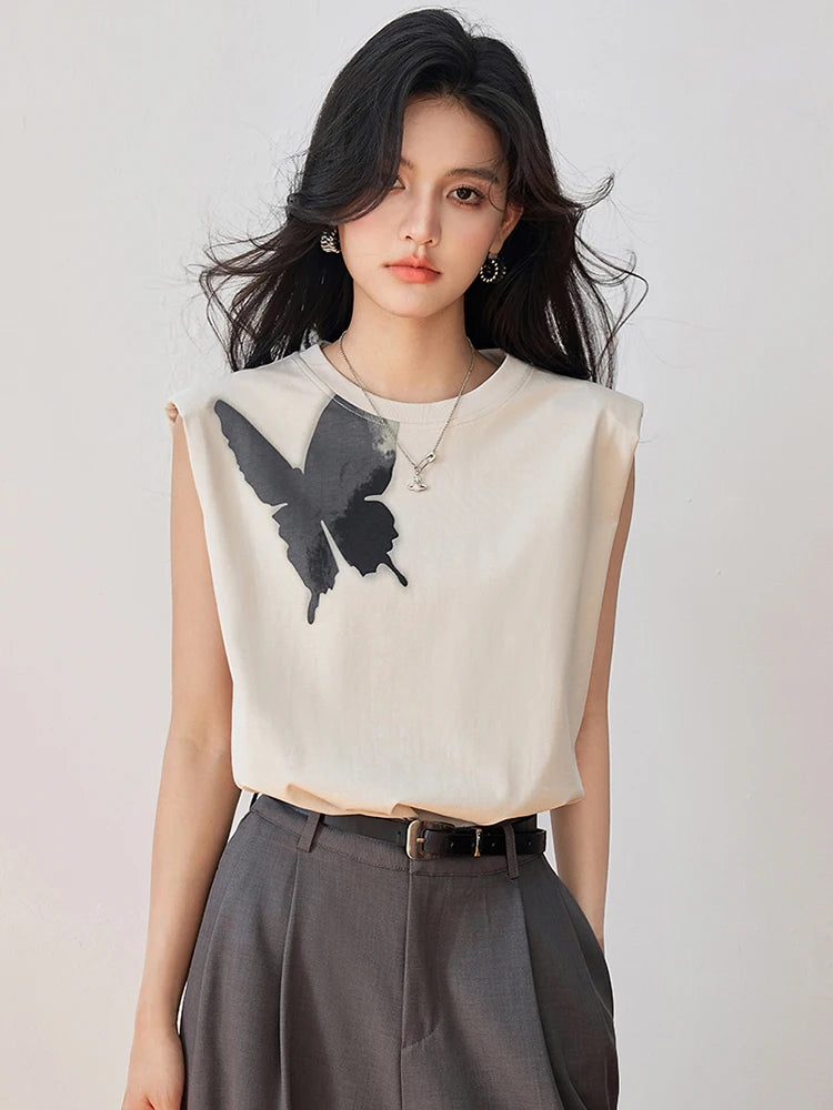Butterfly Print T Shirt Y2k Harajuku High Street Fashion Casual Women T-shirt Summer New Sleeveless Top Tees Clothes