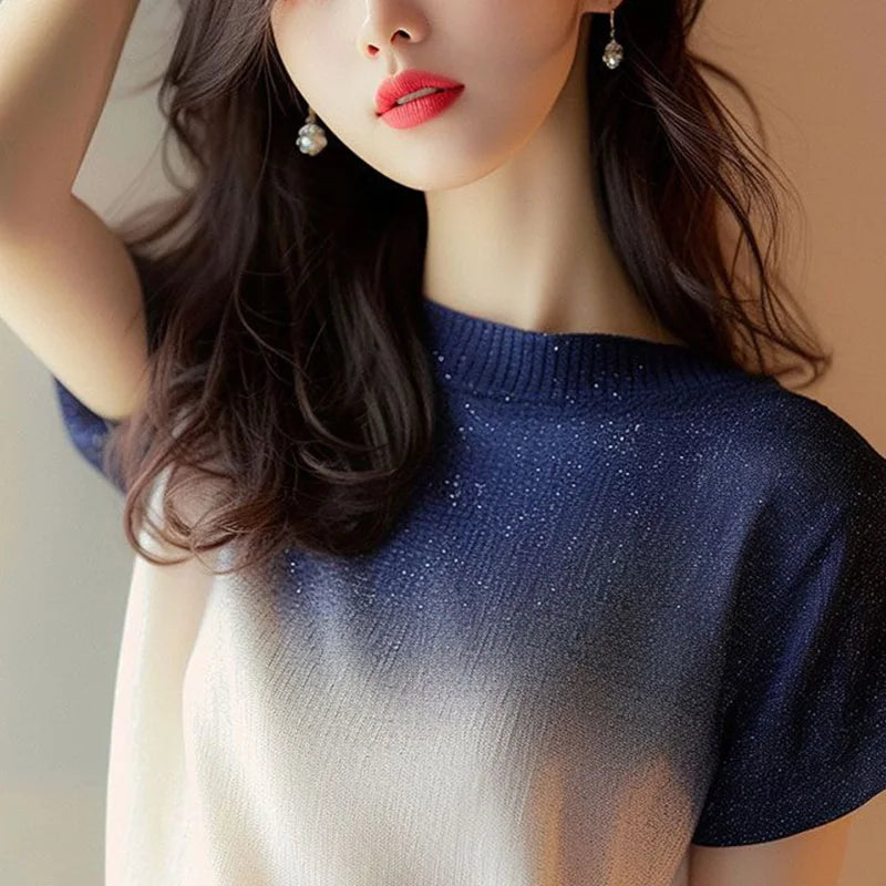 Women Clothes Summer Fashion Korean All-match Fashionable Appear Thin Ice Shreds Gradient Color Temperament Short Sleeve Tshirt