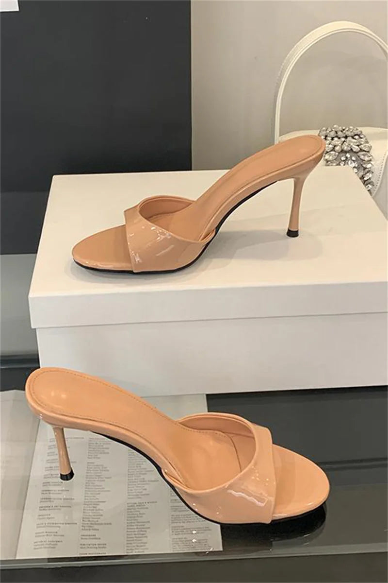 Liyke Wine Red Patent Leather Women Slippers Sandals Fashion Round Open Toe Thin High Heels Mules Slides Summer Party Dress Shoe