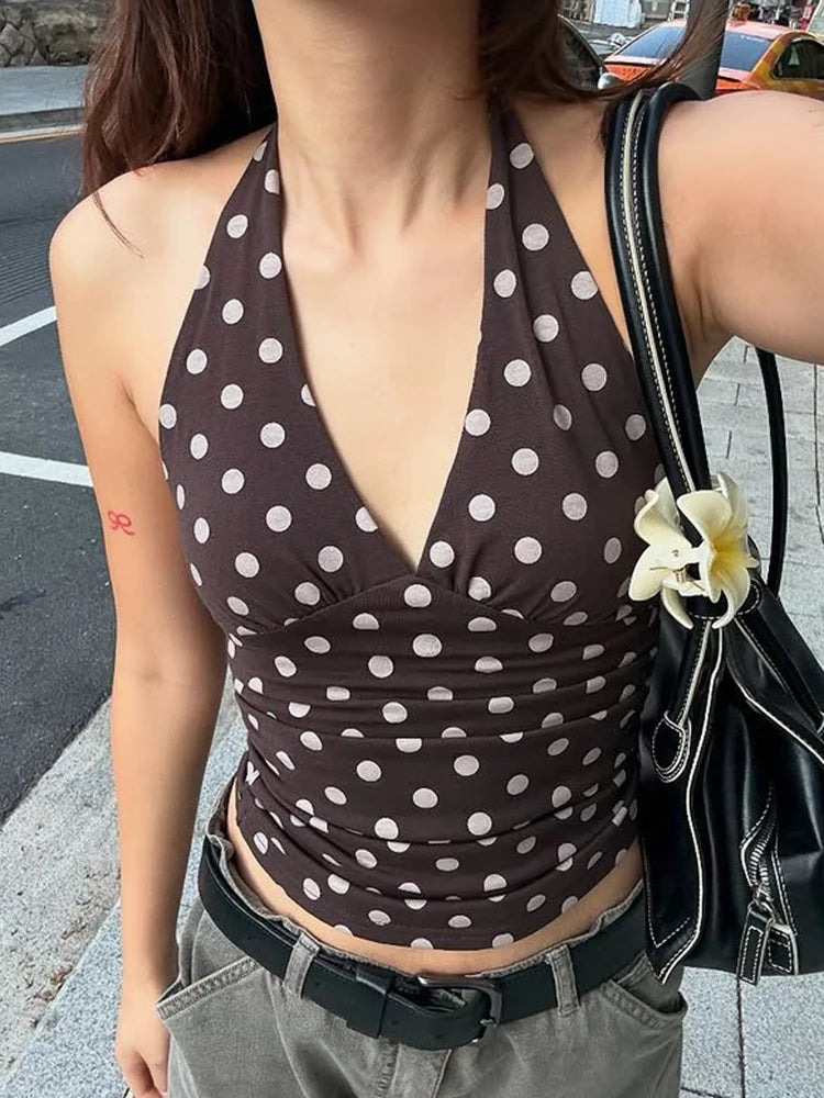 weird Puss Polka Dot Print Vest Women Y2K Lace-Up Backless Halter v-Neck Skinny Summer Trend Daily  Street Basic Chic Tank Tops