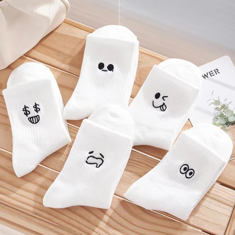 5/10 Pairs Women White Cartoon Socks Trendy Versatile Expression Socks Simple Design Soft Breathable Comfortable Casual Socks