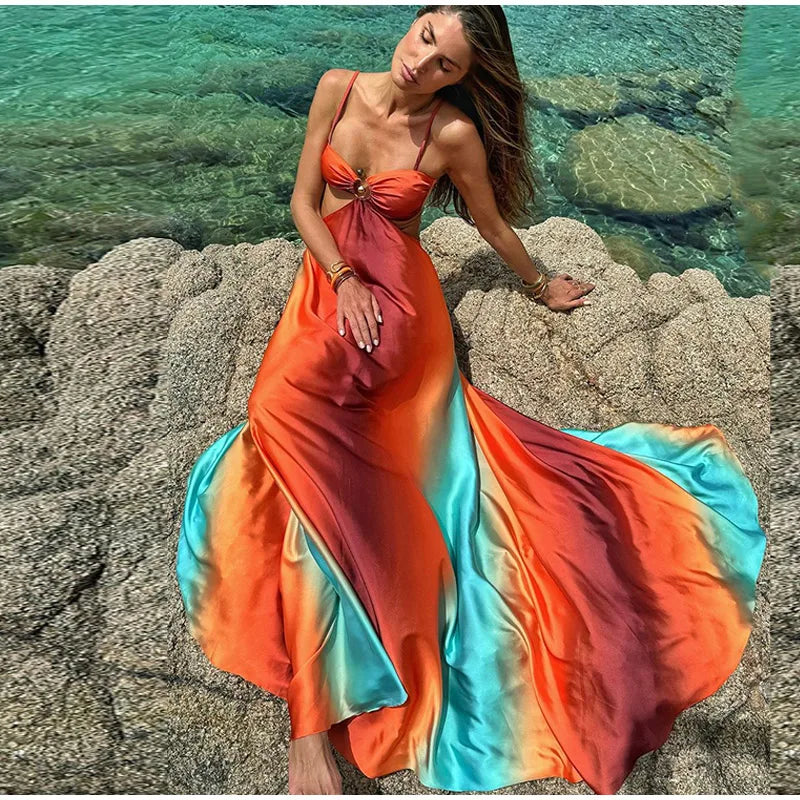 Summer New Colorful Print Beach Dress For Women Sexy Hollow Out High Waist Pleated Maxi Dresses 2025 Vocation Female Vestidos