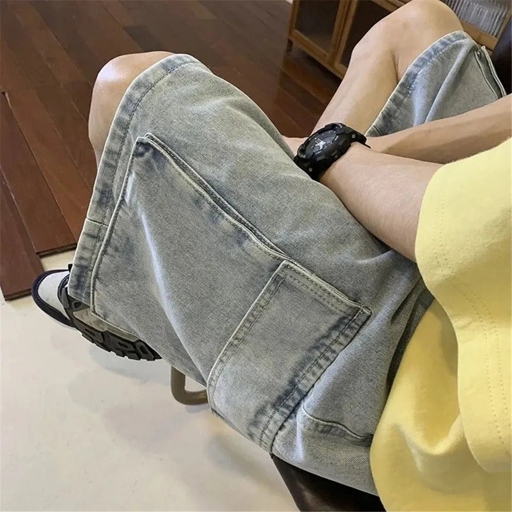 Pocket Casual Denim Shorts Summer Retro Blue Cargo Port Loose Big Pocket Thin Fashion Washed Five Point Casual High Waist Shorts