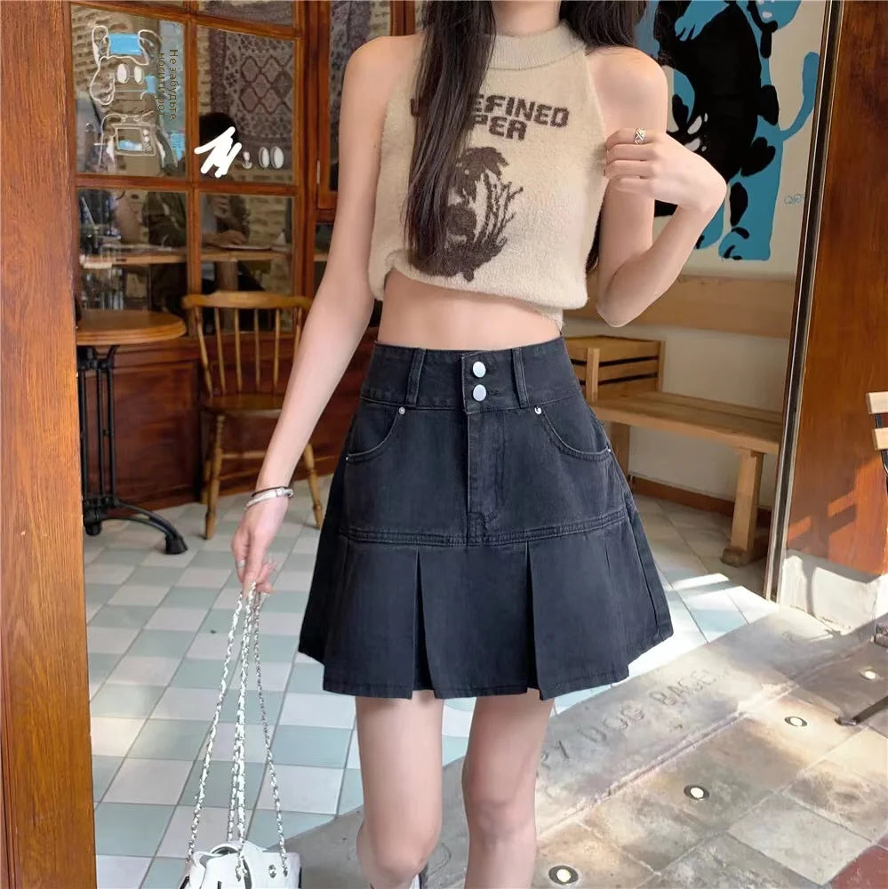 High Waist A-Line Pleated  Skirt Women's Denim ort Skirts Summer Design Slimming Belly Covering Korean Sle Cotton Blend