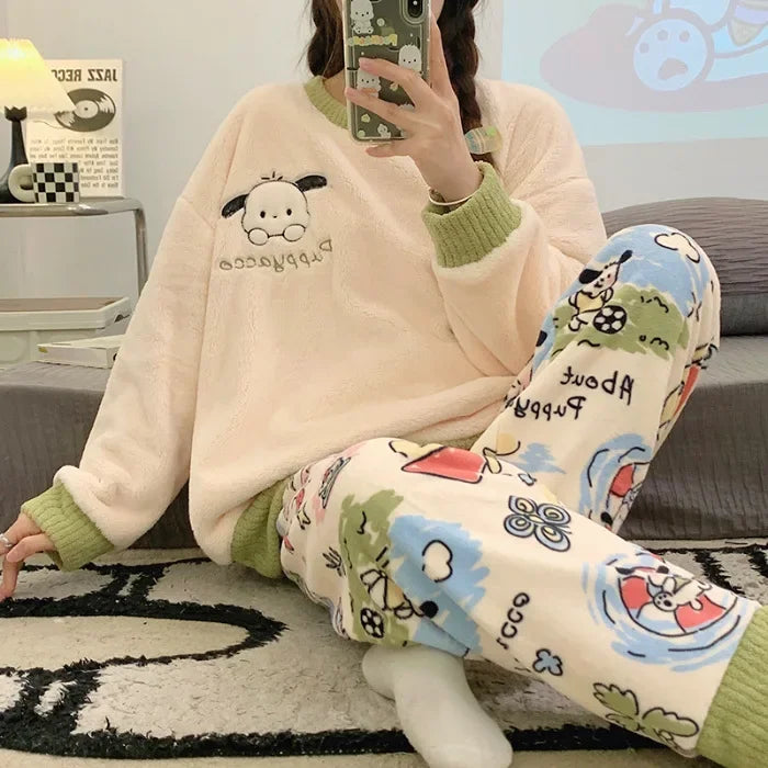 Transborder Flannel Pyjamas Women's Autumn Winter Round Neck Long Sleeve Cute Japanese Cartoon Student Warm Home Clothes Set