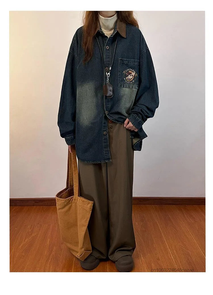 Disney Mickey Mouse American Vintage Print Denim Shirt Fashion Long Sleeve Women's Thin Jacket Spring New Trend Versatile Jacket