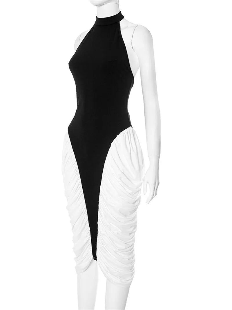 Mozision Patchwork Halter Backless Sexy Midi Dress Women Gown Elegant Fashion Contrast Color Sleeveless Pleated Long Dress