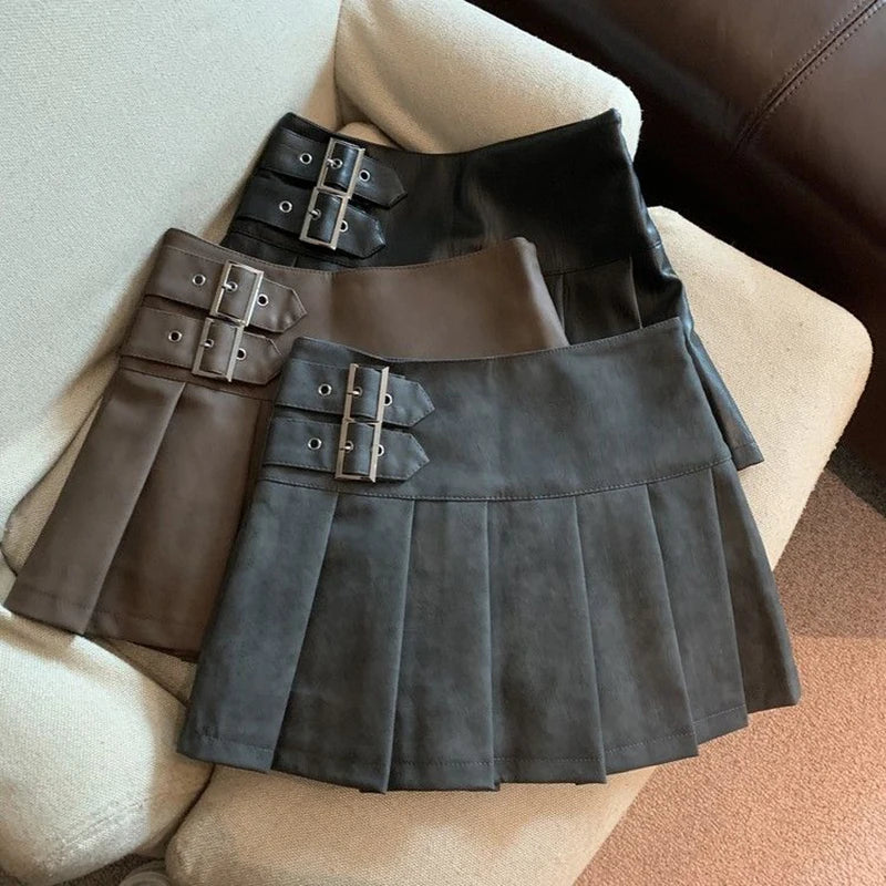 MEXZT S-3XL Y2K Pu Leather Mini Skirts Women Streetwear High Waist Pleated Skirt Vintage Korean Black Slim Casual A Line Skirts