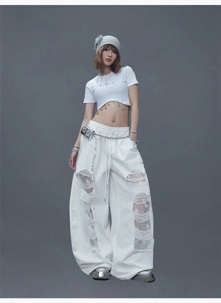 CBXLAB Street Dance Women'sWhite denim patchwork distressed dance pants with long design for jazz dancers, spicy and casual