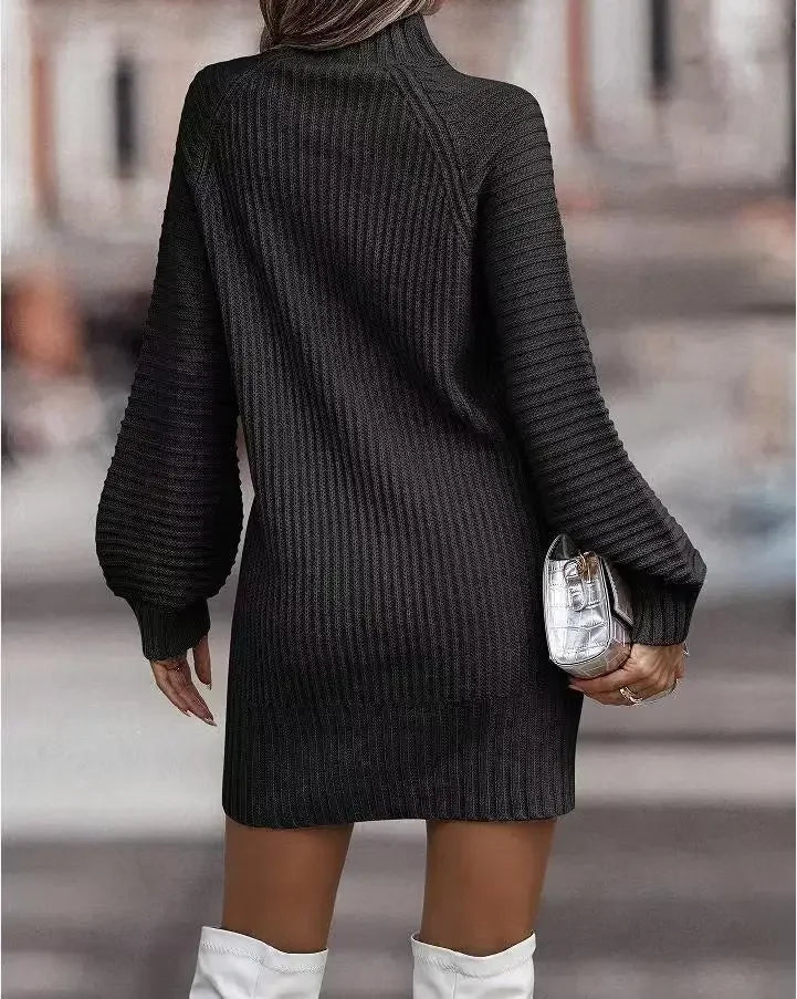 High Neck Long Sleeve Women's Knitted Dress Sweater Autumn Winter New Style Cross-Border Fashion Elegant Classy Female Garment