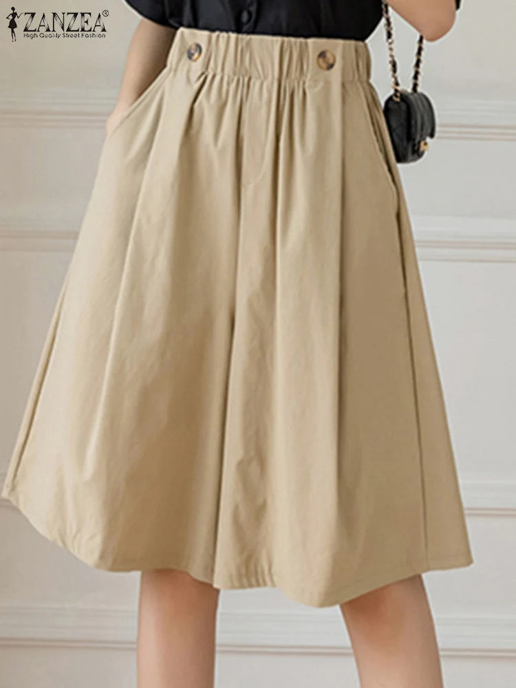 ZANZEA Women Shorts Fashion High Waist Wide Leg Pants 2025 Summer Elastic Waist Pantalons Casual Solid Pockets Vintage Shorts