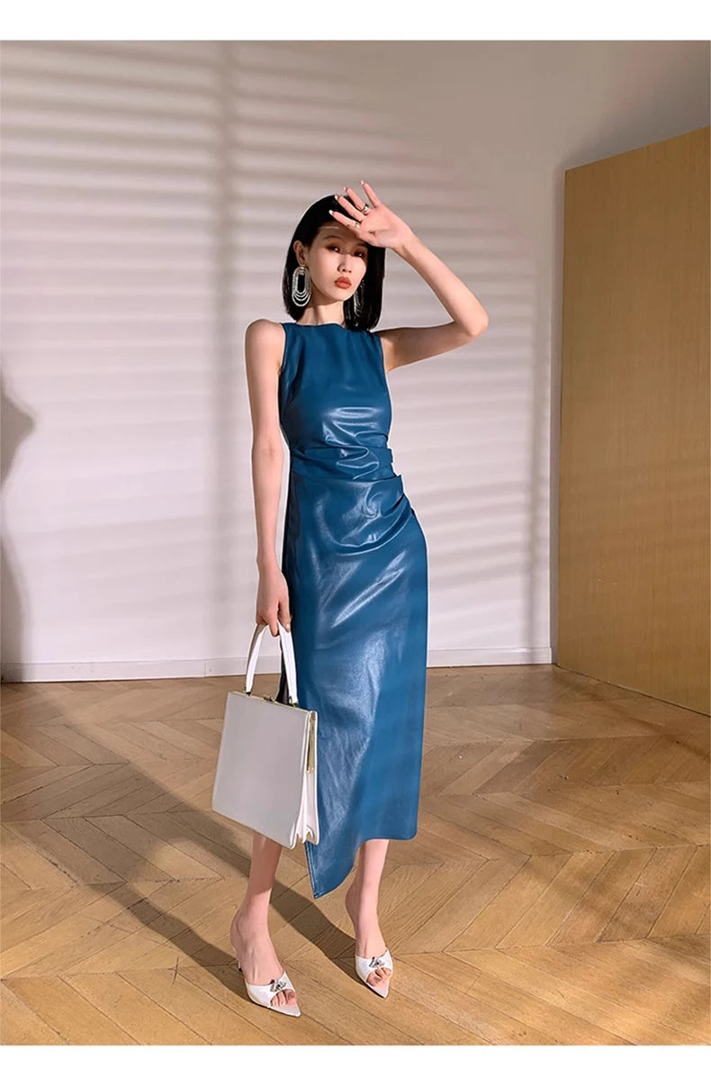 Lautaro Spring Autumn Sleeveless Backless Black Stretchy Blue Soft Faux Leather Midi Tank Dress Women Slim Fit Long Dresses 2023