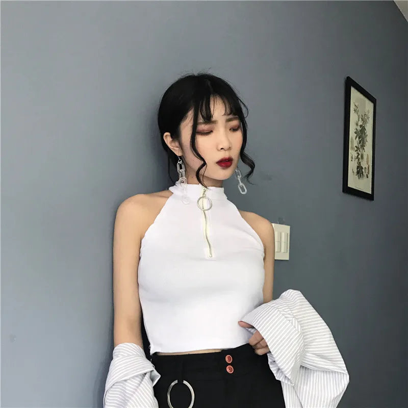 Retro Zipper Crop Tops Women Short Knitted Camisole Sleeveless Leisure Tank Top Camis Summer 2022 New