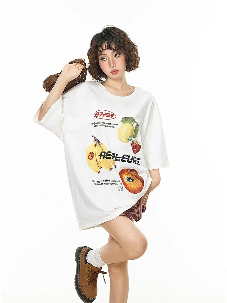 LOTDOOTN Retro American Fun Fruit Print White Short Sleeve Women T-shirts Summer Loose Pure Cotton Half Sleeve Trendy Streetwear