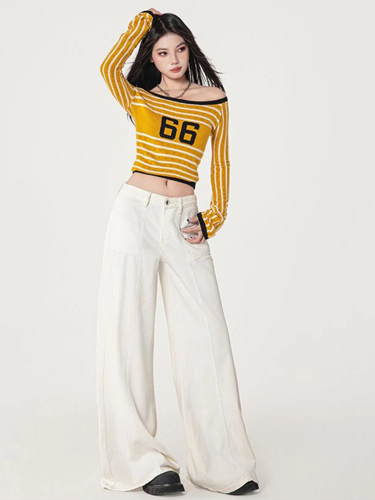 WCFCX STUDIO Women's Casual Baggy Jeans Streetwear Vintage Wide Leg Denim Pants Female Fashion Straight Trousers 2025 New