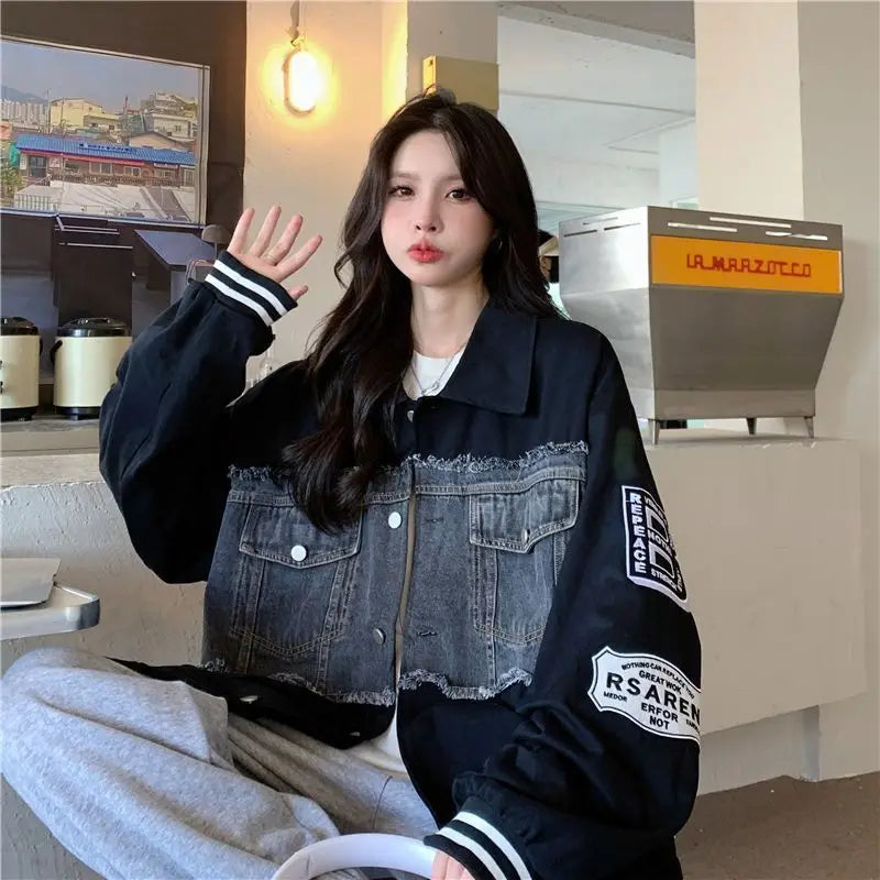 Denim Jacket Embroidered Baseball Uniforms Bomber Jackets Streetwear Harajuku Y2k Tops Trench Coats Hip Hop Long Sleeve Coats