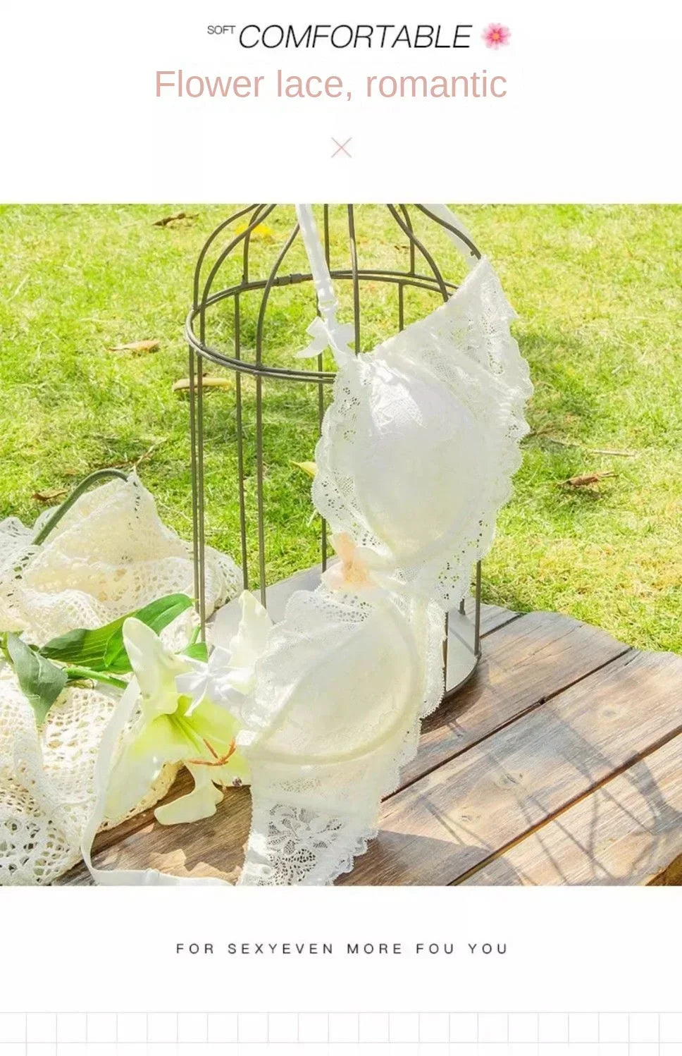 MOYISU Rabbit Ear AB Cup Pure Desire Girl Bra Set | Pull-up Bra with Bow | Breathable French lace Bra | Anti-slip Cup Date Night