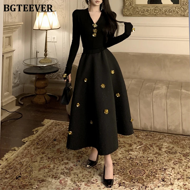 BGTEEVER Spring Elegant Ladies 2 Pieces Skirt Set Long Sleeve V-neck Pullovers & High Waist Loose A-line Skirts Women Outfits
