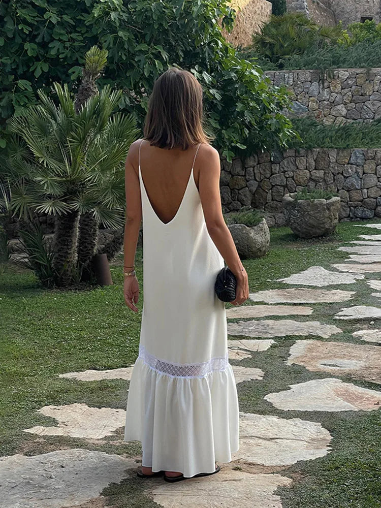 Elegant Women's Solid Backless Pleated Dress Fashion Patchwork Sleeveless Backless Long Dresses Lady Summer Holiday Beach Robes