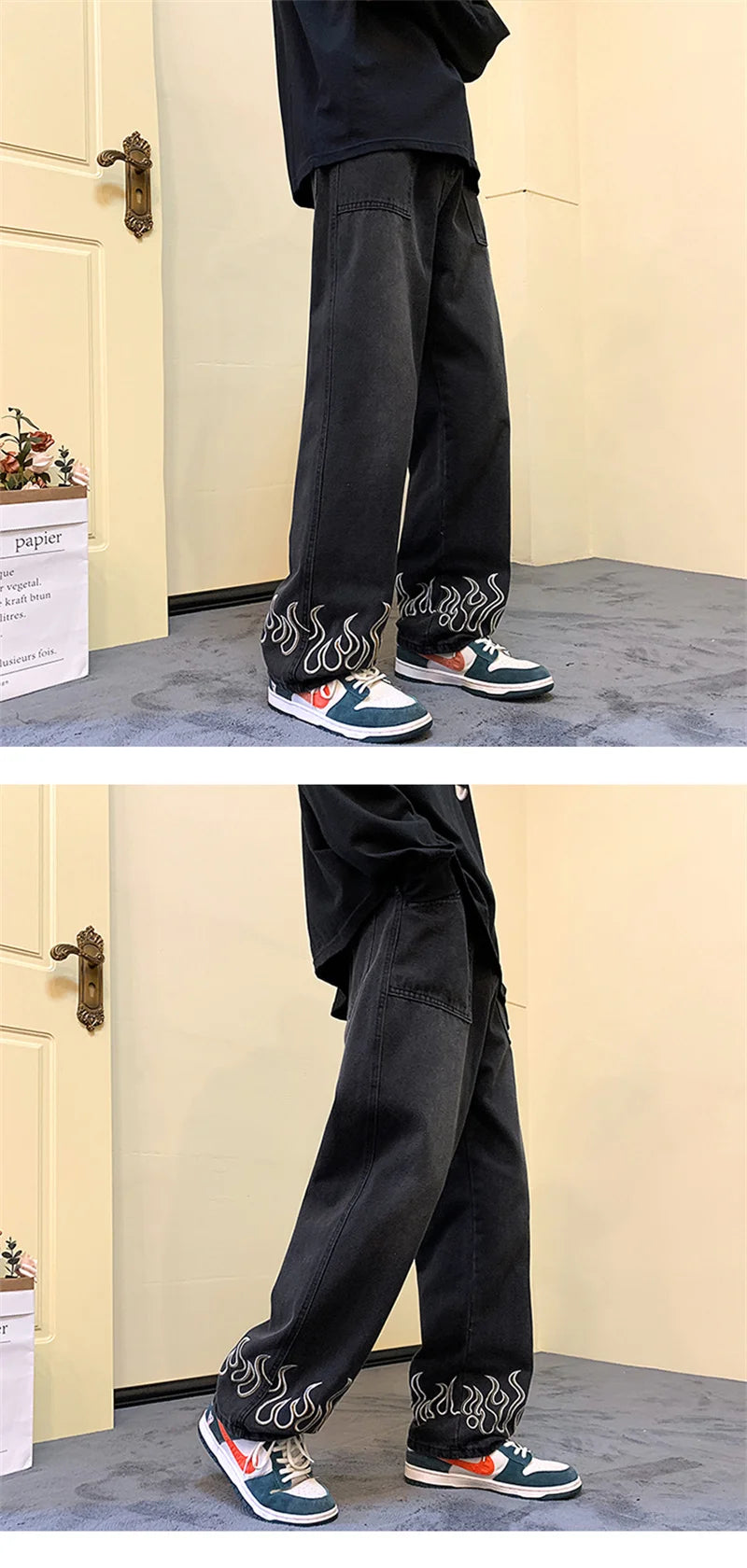 Y2K Vintage Flame Printed Jeans For Men Baggy Streetwear Wide Leg Denim Trousers 2024 New Hip Hop Fashion Straight Pantalones
