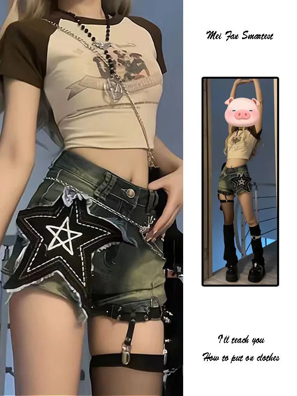 Y2K Star Embroidered Slim Fit Denim orts Women's High Waist Summer New Street Sle Pure Desire Hot Pants Straight Leg Jeans