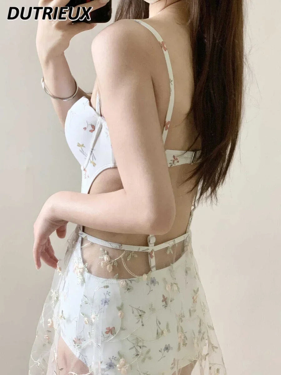 Summer Seaside Holiday Print Swimwear Shoulder Straps Backless Sexy Hot Spring Ins Style Slimming French One Piece Swimsuit