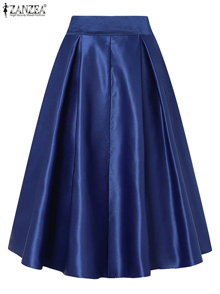 ZANZEA Vintage Solid Color Skirt Women Pleating Swing Jupe Party High Waisted Faldas Casual Loose Satin Silk A-line Overskirts