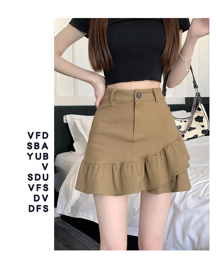 High Waist A-Line  Skirt Women's Spring Summer Denim f-length Skirts with Lace Hemline Cotton Polyester Blend