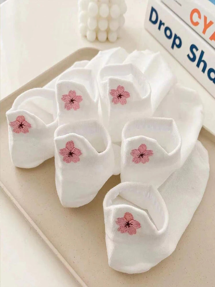 5 Pairs Women Cartoon Short Socks Trendy Versatile Cute Flower Pattern Socks Sweat Absorbing Breathable Soft And Casual Socks