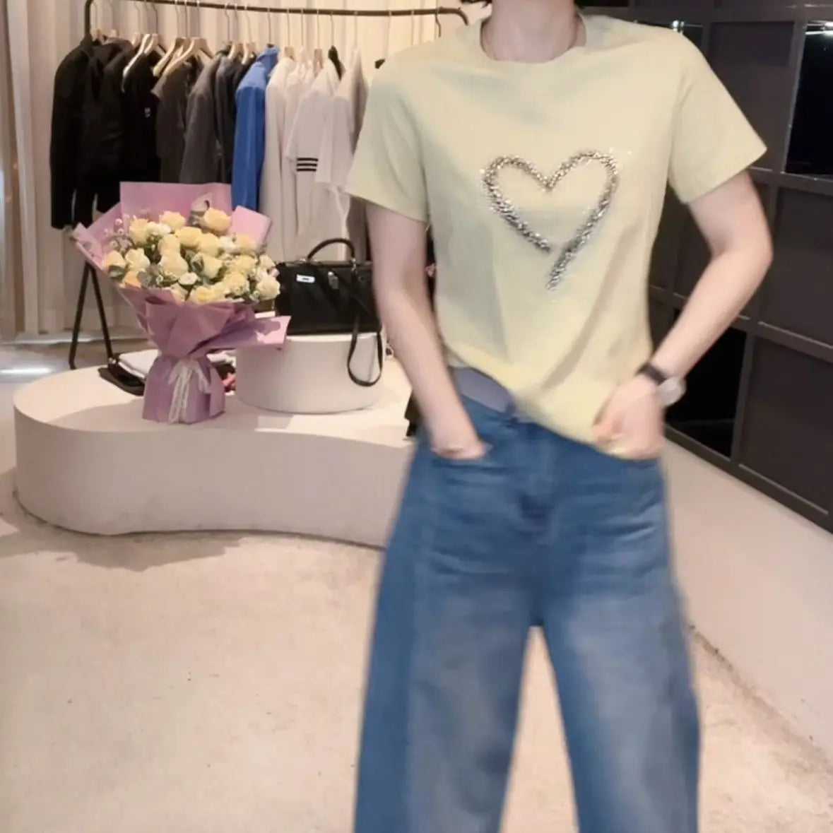 Pure Cotton Round Neck Short Sleeve Diamond Heart Print Tshirt Women Loose Casual Elegant Top